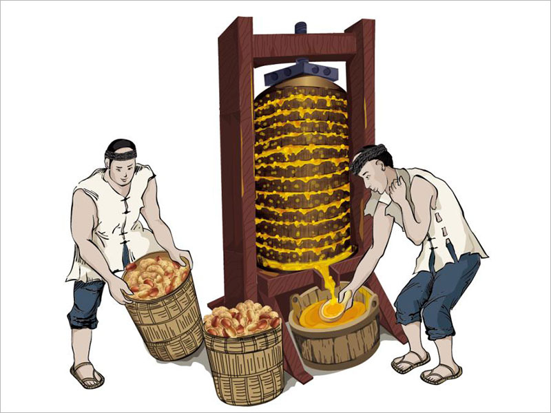 年糧花生油包裝設計中傳統(tǒng)花生油壓榨過程與壓榨場景的插畫