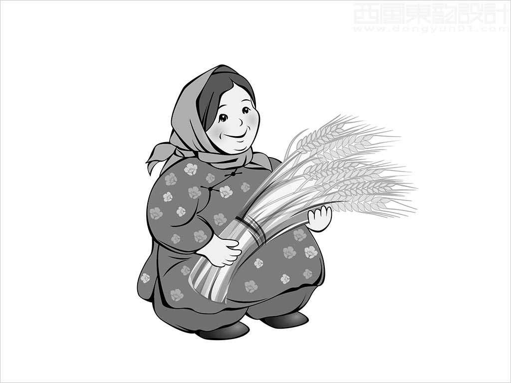 陜北吳堡縣張家山空心手工掛面陜北農(nóng)婦吉祥物卡通形象設計黑白圖