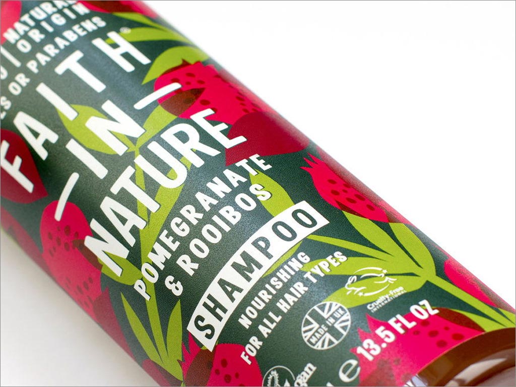 英國Faith in Nature洗發(fā)水護(hù)發(fā)素沐浴露包裝設(shè)計之正面局部細(xì)節(jié)展示